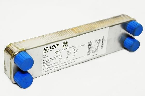 Wärmetauscher, Metallblock, blaue Kappen, rechteckig, industriell