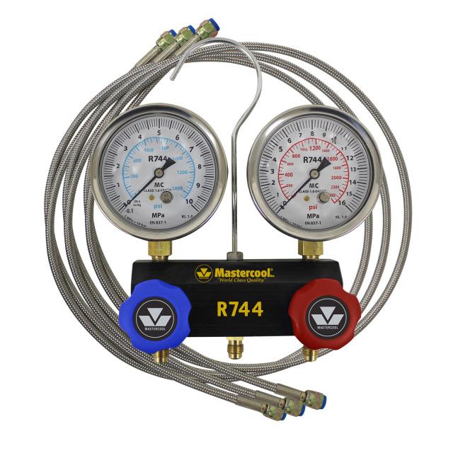 Aluminium 2-Wege Monteurhilfe mit 3 x 150 cm Füllschläuchen für CO2 - R744, Mastercool 55103