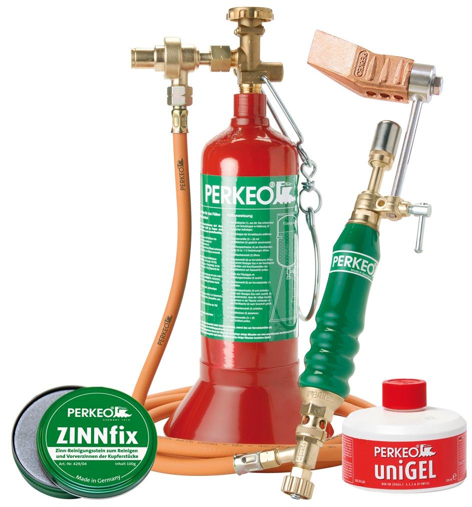 PERKEO Weichlötanlage im Set mit Kupferstück, ZINNFIX, UNIGEL und PERKEO-Cap, Spitzform, M10x1 LH