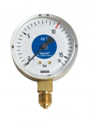 PERKEO Sauerstoff Sicherheitsmanometer, "Mini" Arbeit, Ø 48mm, G1/8" RH, 0-6/4 bar