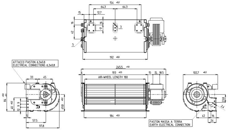 Querstromlüfter, Turbine 180x60 mm, Motor rechts