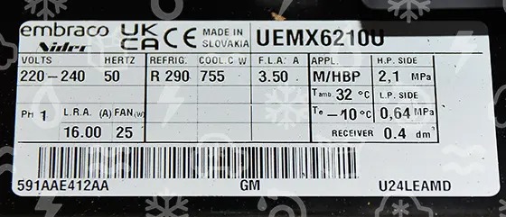 Verflüssigungssatz EMBRACO UEMX6210U MBP - R290, 220-240V 50 Hz