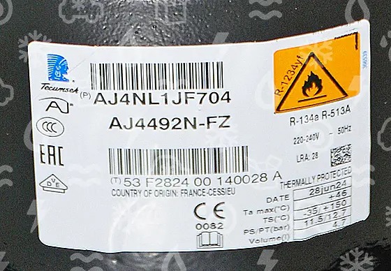 Verdichter Tecumseh AJ4492N-FZ, HBP - R134A, R123, R513A, 220-240V/1PH/50Hz