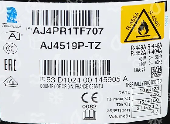 Tecumseh Verdichter vollhermetisch AJ4519P-TZ M/HBP, R452A, R404A, R448A, R449A, R455A, R454C, 380-420V 3PH