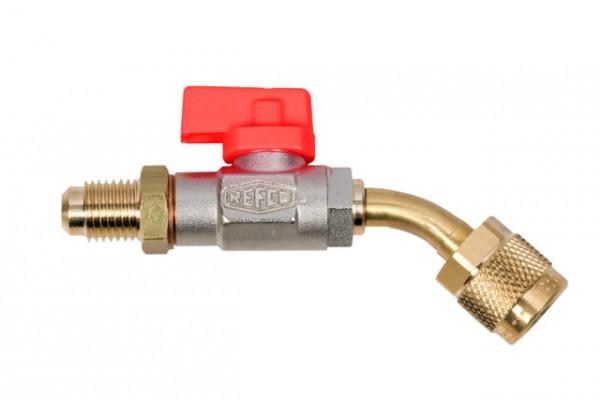 Refco 4682404 Kugelabsperrventil rot mit Drücker CA 1/4" x 1/4"SAE-R 45° gebogen