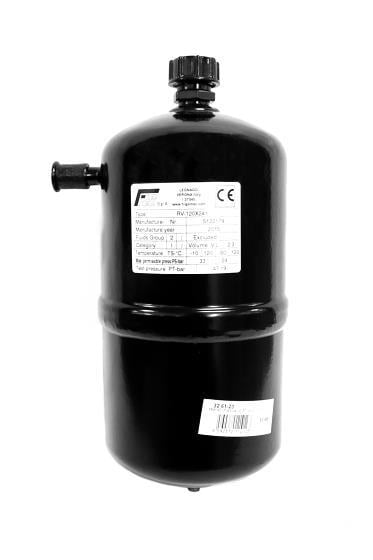 Flüssigkeitsabscheider Frigomec 2,3 l, Eingang 18 mm ODM, Ausgang 18 mm ODM, M8, 34 bar