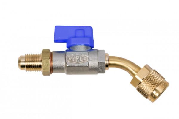 Refco 4682390 Kugelabsperrventil blau mit Drücker CA 1/4" x 1/4"SAE-B45° gebogen