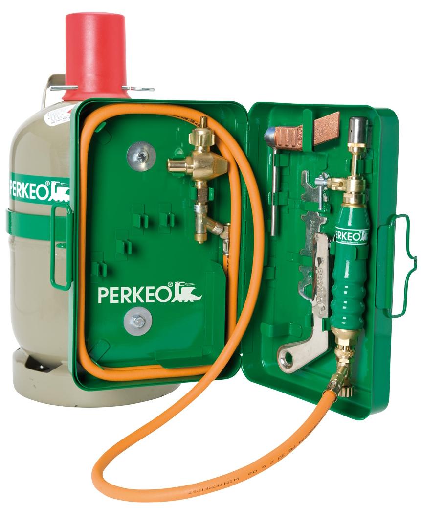 PERKEO BIG BROTHER Propan Weichlötanlage mit Kupferstück im Stahlblechkasten mit 5 kg-Flasche, M10x1 LH
