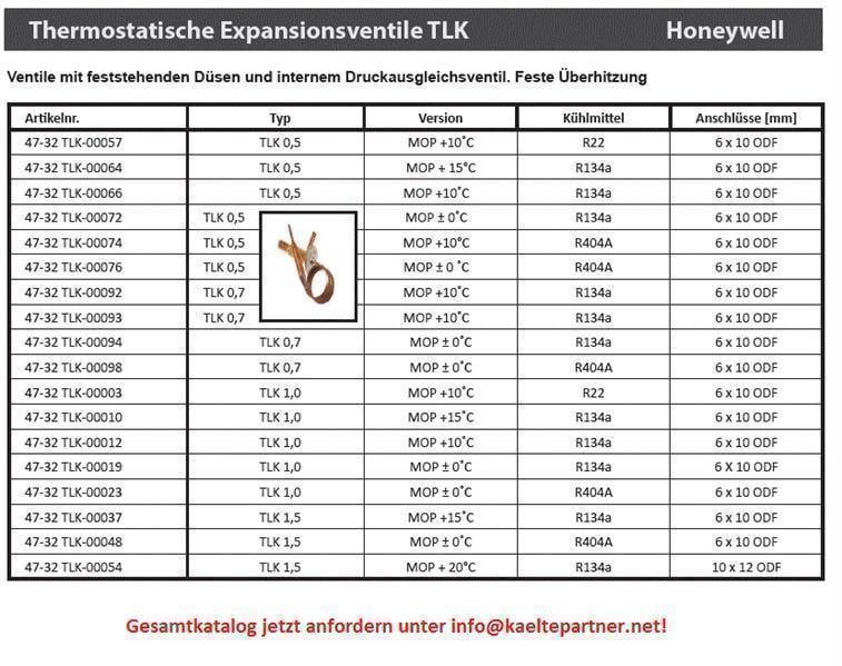 Thermostatisches Expansionsventil Honeywell, TLK- 0,5; R134a, MOP +10°C