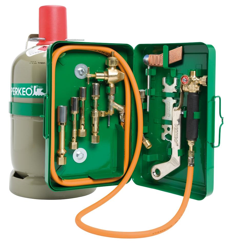 PERKEO Propan-Hart- und Weichlötanlage mit 5 kg-Flasche im Stahlblechkasten, G3/8" LH