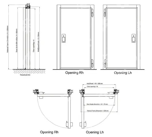 Kühlraum-Hochschiebetür RF ohne Schwelle, PUR 60, 900 x1900 mm, RECHTS (mit Türgriff)