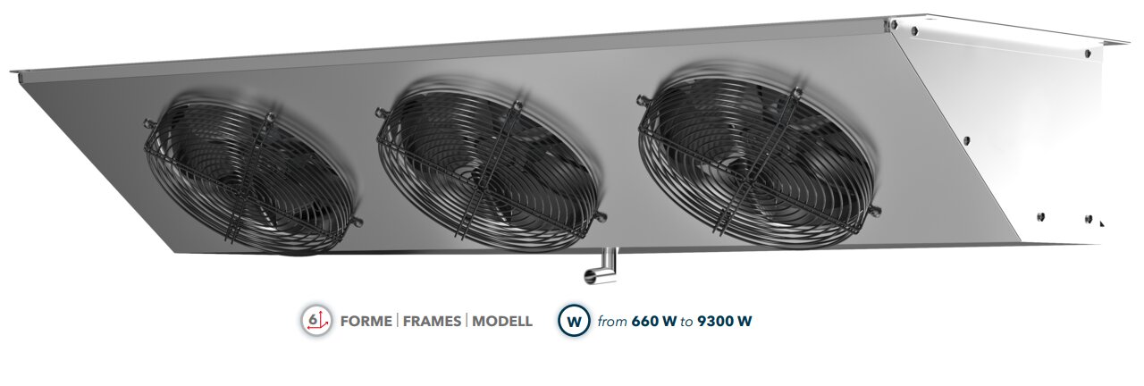Verdampfer Deckenschräge EVP3X254, 2,43 kW, Lüfter 3x254, elektr. Abtauung, 230/1/50Hz