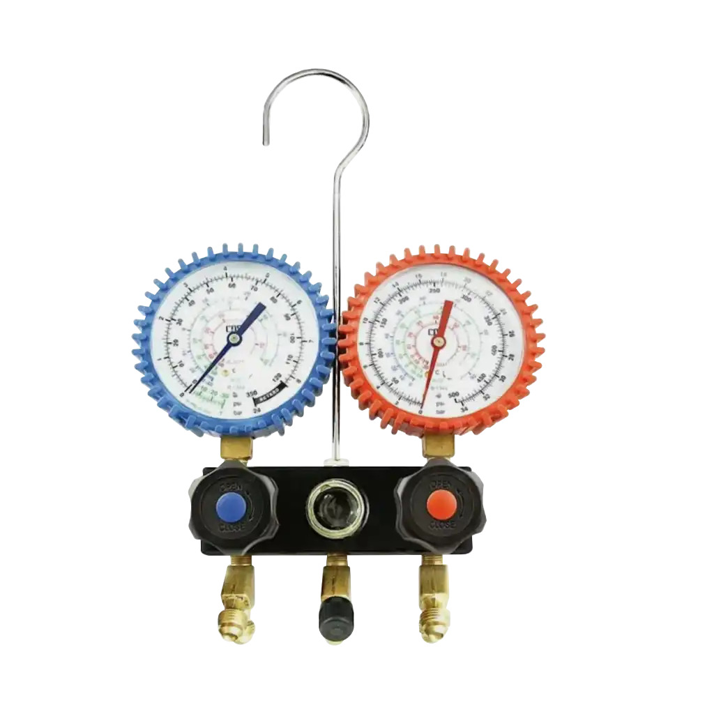 Kältemittel-Manometer, Doppelmanometer, analog, blau-rot, Messinganschlüsse