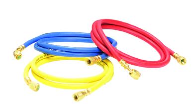 PERKEO Kältemittelschlauch-Sets - blau, rot und gelb mit 1/4" SAE (7/16" UNF) Anschluss, 55bar, L=1,5m