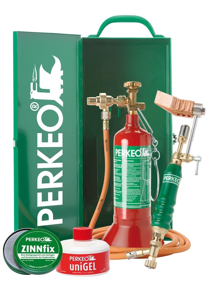 PERKEO EASYBOX Weichlötanlage im Set mit Transport-Stahlblechkasten mit Kupferstück, ZINNFIX, UNIGEL und Cap, Spitzform,G3/8" LH