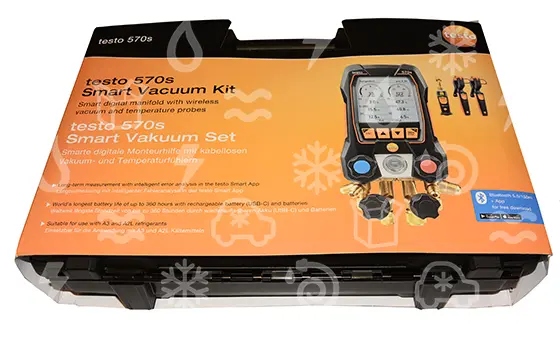 Vakuum-Set Testo 570s, intelligentes digitales Servicegerät; 4-Wege Monteurhilfe, mit kabelloser Vakuumsonde und kabellosen Temperaturmesszangen