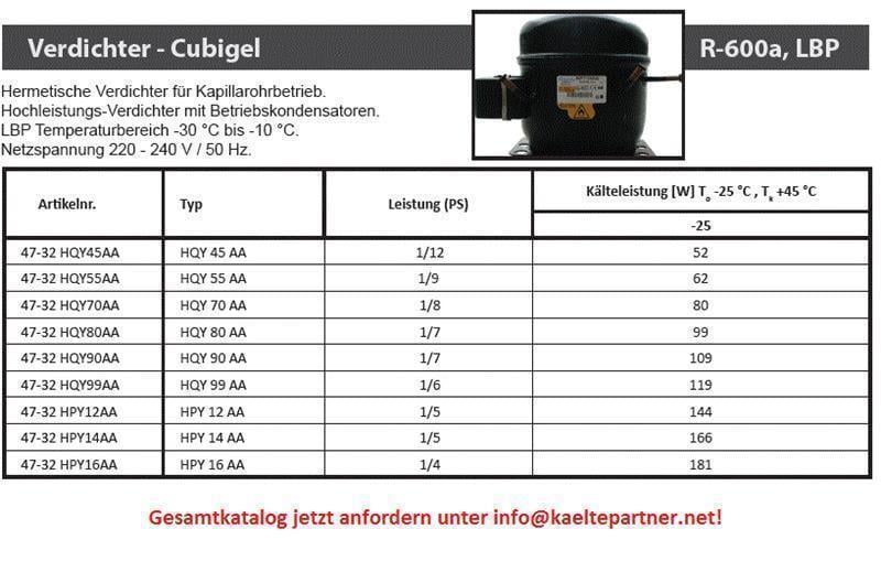 Verdichter ACC HTK70AA, LBP - R600a, 1/8HP, 220-240V/1/50Hz