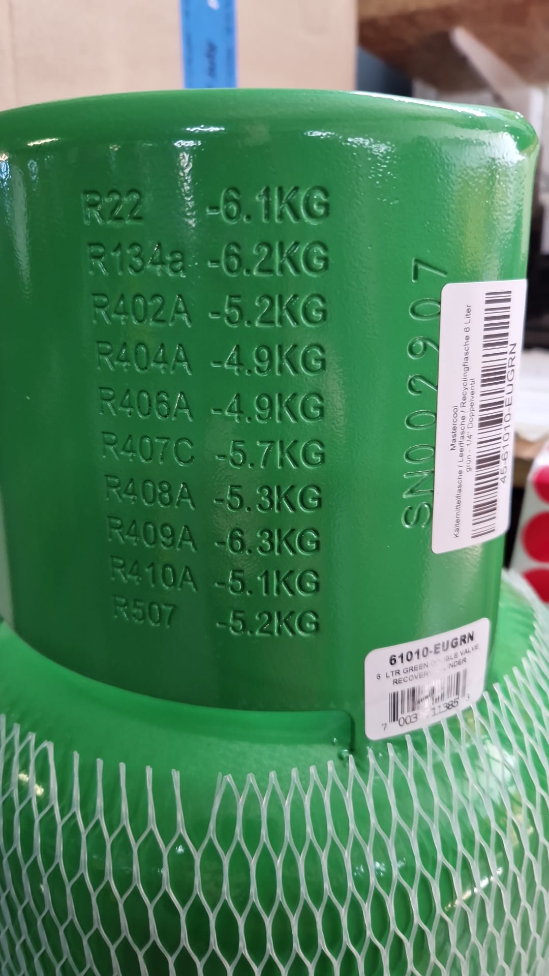 Kältemittelflasche / Leerflasche / Recyclingflasche 6 Liter grün - 1/4" Doppelventil