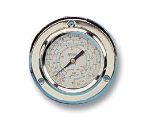 Niederdruck Manometer Ø60, Ölfüllung, Klasse 1.6, Anschluß auf der Rückseite, Flanschbefestigung und Edelstahl-Gehäuse WIGAM ML60/18C4FA/A8
