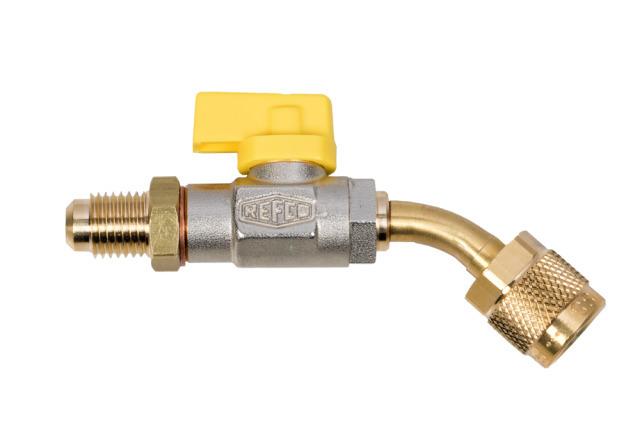 Refco 4682412 Kugelabsperrventil gelb mit Drücker CA 1/4" x 1/4"SAE-Y45° gebogen