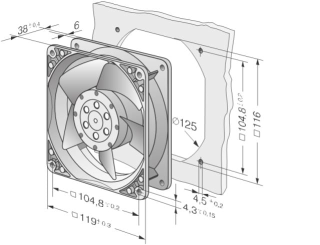 Axiallüfter / Axialventilator EBM 4650N, 119 x 119 x 38 mm, 230 V, 2650 U/Min