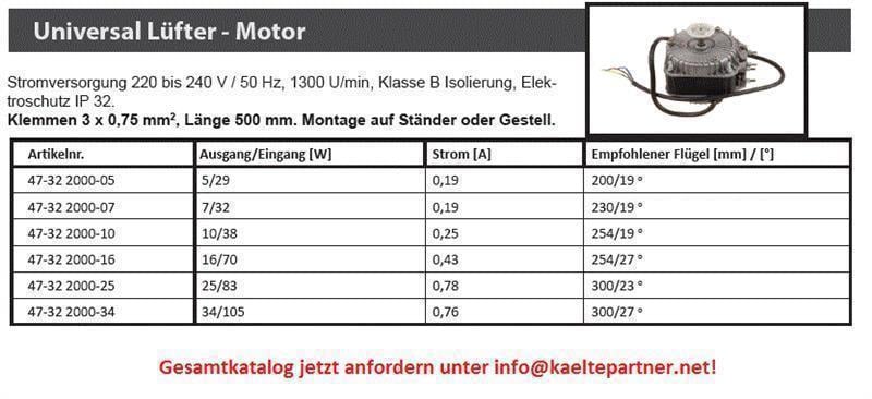 Lüftermotor Universal, Leistung/Strom 10/38 W, 0.25 A