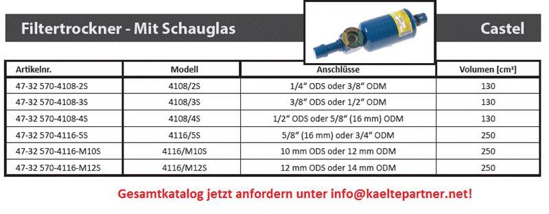 Filtertrockner Castel 4116/M10S, 163S, 10 mm ODS, + Schauglas- nicht lieferbar, ersetzt durch DI316N/M10S