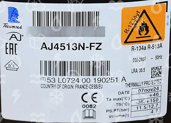 Verdichter Tecumseh AJ4513N-FZ, HBP - R134a/R1234yf/R513a, 220-240V/1Ph/50Hz