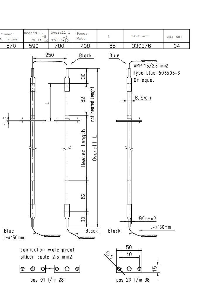 Heizstäbe für Verdampfer MLZX 8MLZX 08-7-1E-2C02R3 Alfa Laval – Block & Wanne, L=780 mm, 708 W, 230 V