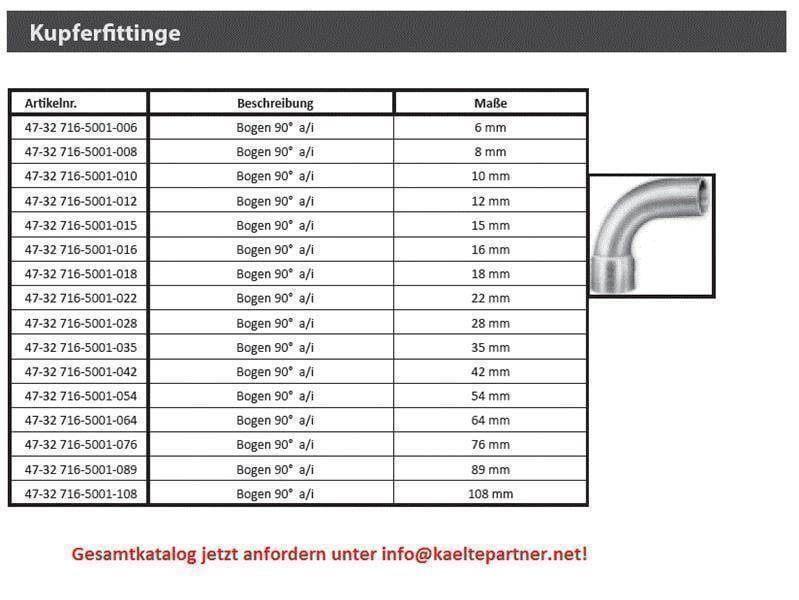 Kupferbogen 90° a/i 22 mm, 5001A