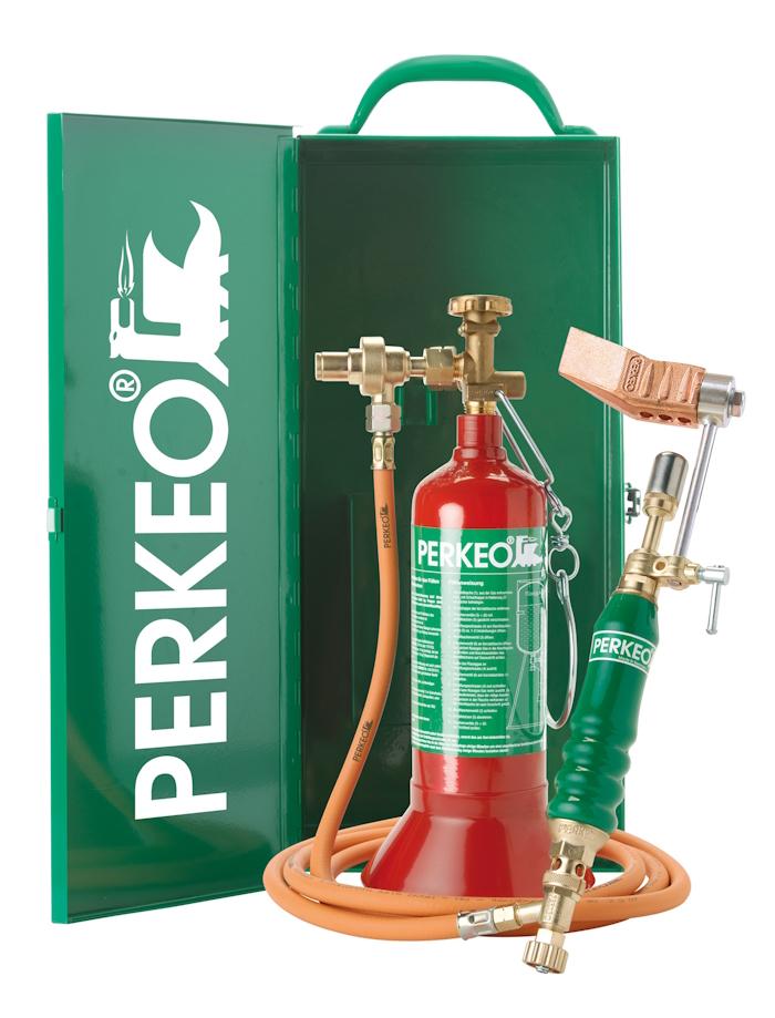 PERKEO EASYBOX Weichlötanlage im Set mit Transport-Stahlblechkasten mit Kupferstück, Hammerform, G3/8" LH