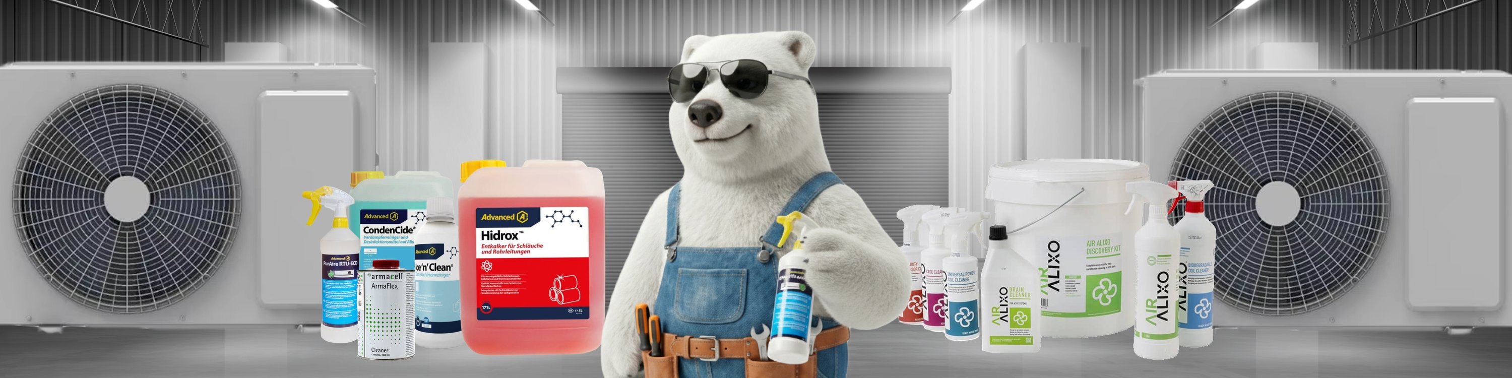 Polarbär, Sonnenbrille, Latzhose, Reinigungsprodukte, Sprühflasche