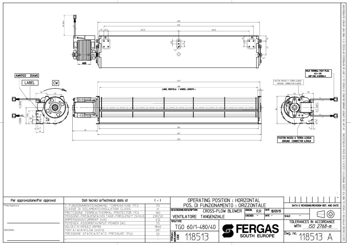 Querstromlüfter universal, 480x60 mm, Motor links, 55W