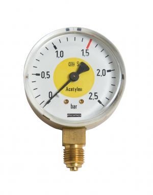 PERKEO Acetylen Sicherheitsmanometer, Arbeit, Ø 63mm, G1/4" RH, 0-2,5/1,5 bar