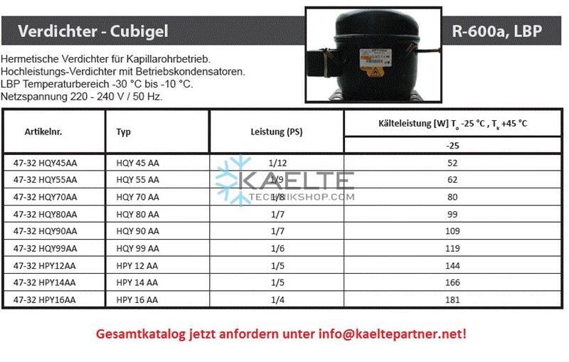 Verdichter Cubigel HLY90AA , LBP - R600a, 220 - 240V/1/50Hz, 1/6- wird ersetzt durch HYE90MKUA