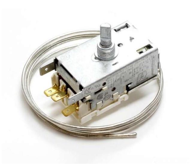 Thermostat RANCO K59-L1029, für zweitürigen Kühlschrank, mit 3 Kontakten, Halterung und Drehknopf.