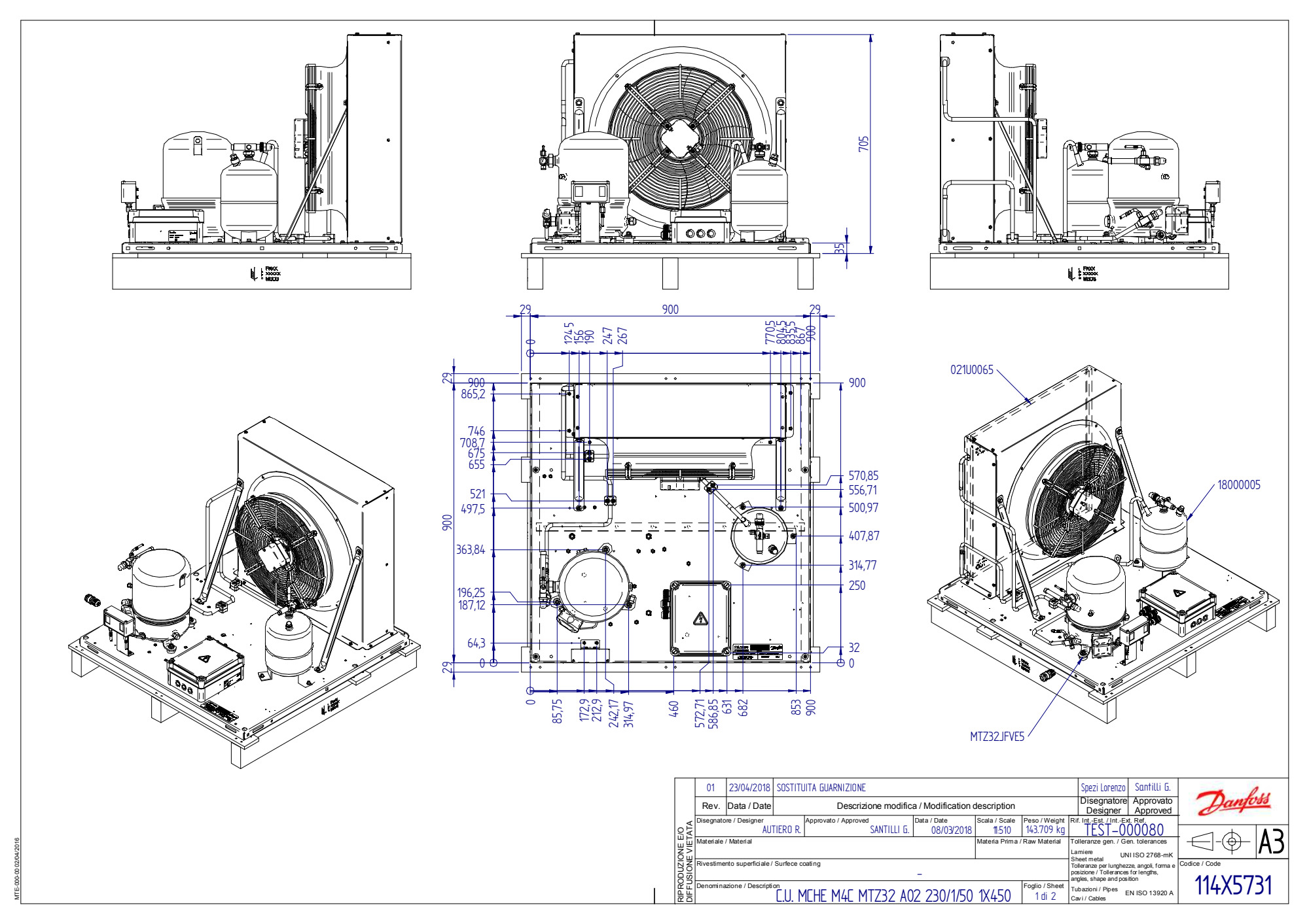 Danfoss MCRN054MTA02G 114X5731 Optyma Aggregat R134A R513 R452 MBP 230V