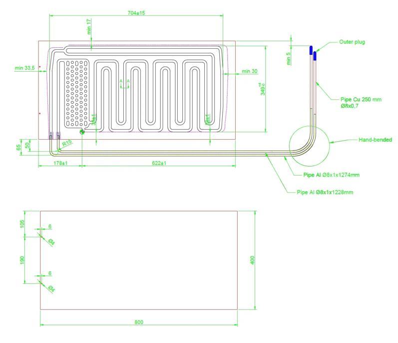 Plattenverdampfer 400 x 800 mm, Rohrauslass, Talum