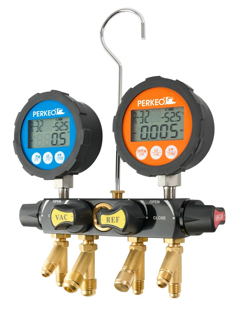 PERKEO 4-Wege Monteurhilfe mit digitalen 80 mm-Manometern für alle neuen KM und Haken