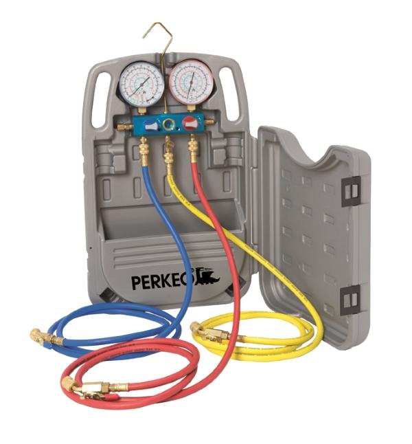PERKEO MOMO 2, 2-Wege Monteurhilfe für R407C, R404A, R134a, R507, 80mm Manometer, Kl. 1.0