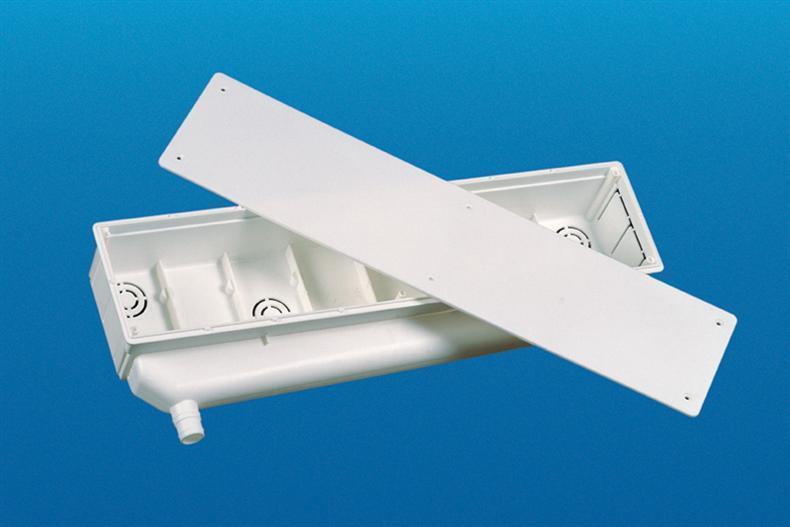 Umkehrbare Kondensatwanne (Unterputzkasten für Rohbau) mit vertikalem Abfluss groß - 530x113x65 mm