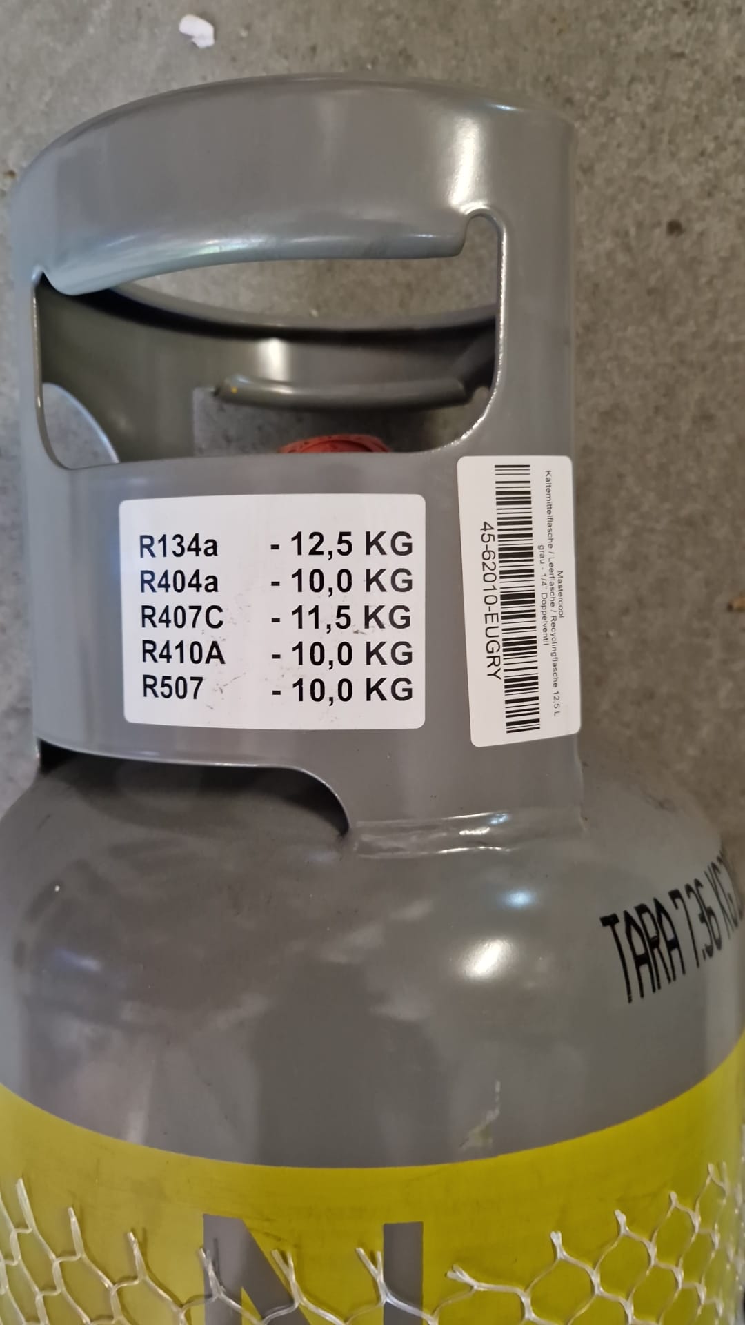 Kältemittelflasche / Leerflasche / Recyclingflasche 12,5 L grau - 1/4" Doppelventil