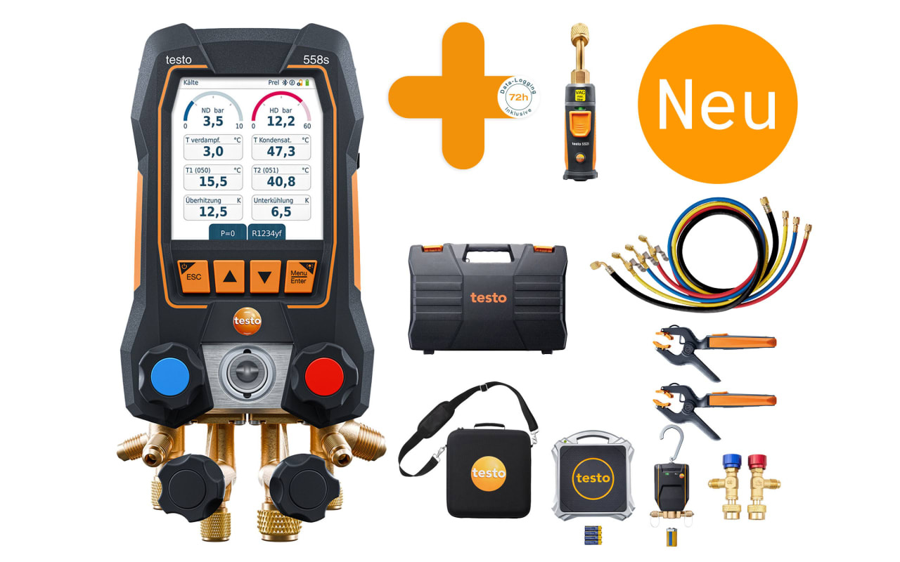 Werkzeugset für Kälte-, Klima- & Wärmepumpenanlagen für A2L & A3 Kältemittel (Digitale Monteurhilfe, Vakuumsonde, 2x Zangenthermometer, Kältemittelwaage & Smart-Ventil)