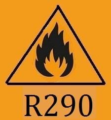 Aufkleber für Kältemittel R290, orange, mit Entzündlich-Zeichen