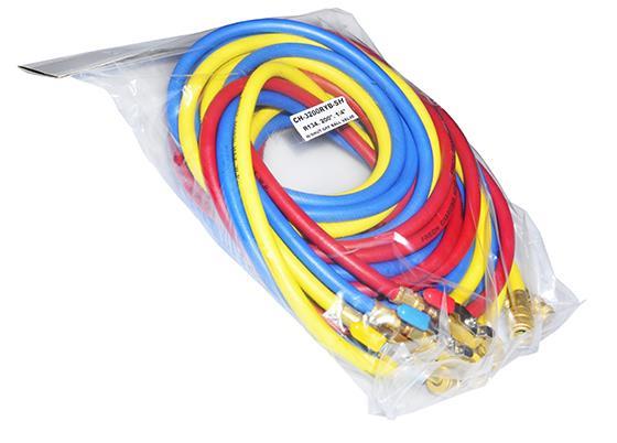 Füllschlauchsatz mit Kugelhahn SH, R134a, 3 x 5 m (200"), Anschluss 1/4" SAE, rot, blau, gelb