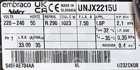 Verflüssigungssatz EMBRACO UNTX2215U, LBP - R290, 220-240V 50Hz