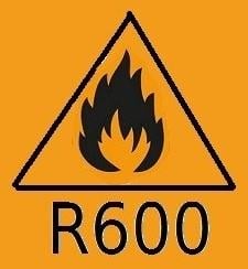 Aufkleber für Kältemittel R600a, orange, mit Entzündlich-Zeichen
