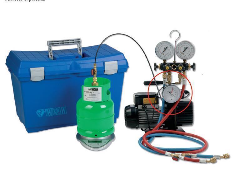 Vakuum- und Auflade-System Set, mit Kältemittelwaage ohne Kältemittelflasche, Anschlüsse 1/4"SAE, R22-R134a-R404-R407C, WIGAM K-PGTB-A6