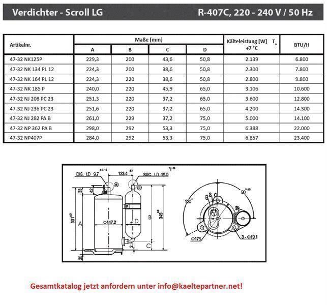 Rotationskompressor LG NP407PAA, R407C, 220-240V, 50Hz, 23400 Btu/h - nicht lieferbar, ersetzt durch Nachfolger