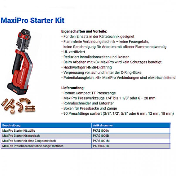 Maxipro Starterkit zöllig 1/4“ bis 1 1/8“ inklusive Pressmaschine